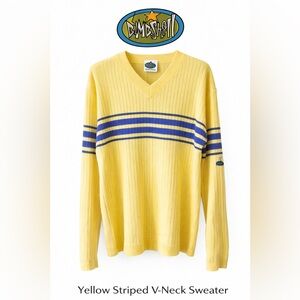 Vintage Bombshell Yellow Striped V-Neck Sweater Y2K Surf Skate Ribbed